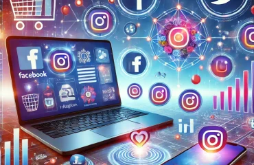 DALL·E 2025-03-07 01.00.57 – A vibrant digital illustration depicting the role of social media in digital marketing. The image features a laptop and smartphone displaying social m